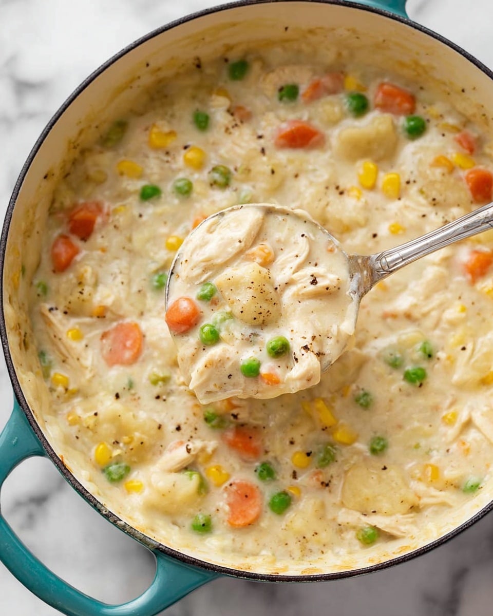 A close-up view of a creamy chicken and vegetable pot pie filling inside a large white pot with a teal handle, showing thick, light beige sauce with visible soft chunks of white chicken, small bright green peas, orange carrot cubes, yellow corn kernels, and small pieces of celery. The texture is smooth and creamy, with some black pepper sprinkled on top for a bit of contrast. A silver ladle scoops up the filling, showing the mix of vegetables and chicken clearly. The background is a white marbled texture. photo taken with an iphone --ar 4:5 --v 7