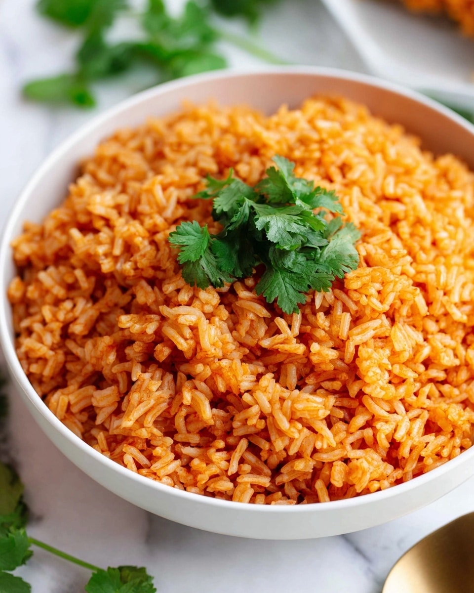 A close-up image of a white bowl filled with cooked orange/red rice that looks fluffy and separated, topped with a small bunch of fresh green cilantro leaves placed in the center. The grains of rice have a slightly glossy texture, showing a well-cooked softness without clumping. The background is a white marbled surface with some cilantro leaves scattered around and a small part of a brass spoon is visible at the bottom right corner. Photo taken with an iphone --ar 4:5 --v 7