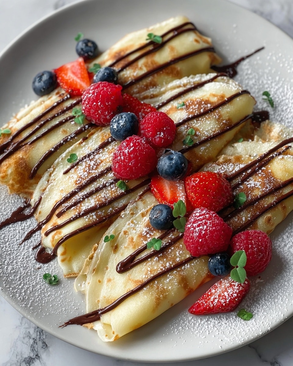 A white plate holds four folded crepes arranged in a row, each crepe showing a light golden brown color with a soft, slightly lacy texture. Dark chocolate sauce is drizzled in thick, even lines across the crepes from top left to bottom right. Fresh red raspberries, blueberries, and whole strawberries are placed on and around the crepes, adding bright red and deep blue pops of color. Small green leaves are sprinkled over the top, and a light dusting of powdered sugar covers the crepes and the plate’s edges. The dish is set on a white marbled surface. photo taken with an iphone --ar 4:5 --v 7