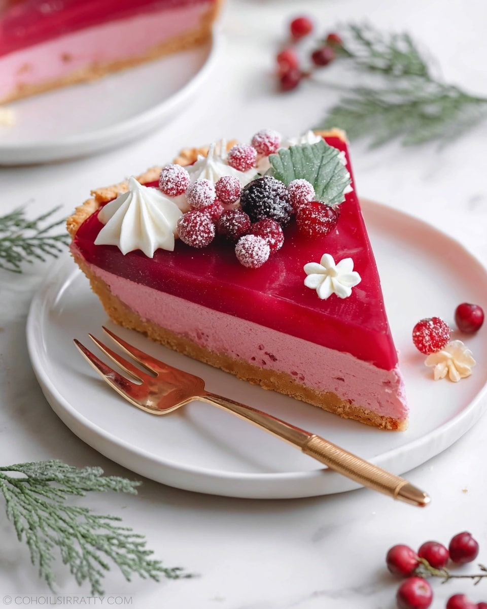 A pie with a thick, light golden crust surrounds a bright red filling that is smooth and glossy. On top, there are dollops of white whipped cream placed in a circular pattern near the edge. Between the cream dollops, there are clusters of dark red and black berries, some covered with a light dusting of sugar, adding texture and depth. Small white snowflake-shaped sprinkles are scattered on the red surface, giving a festive look. Green sprigs with a frosted appearance are placed among the berries and cream to add contrast. The pie sits on a white marbled surface with small red berries and green sprigs around it, and there are white bowls filled with red berries and black sugar-coated berries placed nearby. photo taken with an iphone --ar 4:5 --v 7