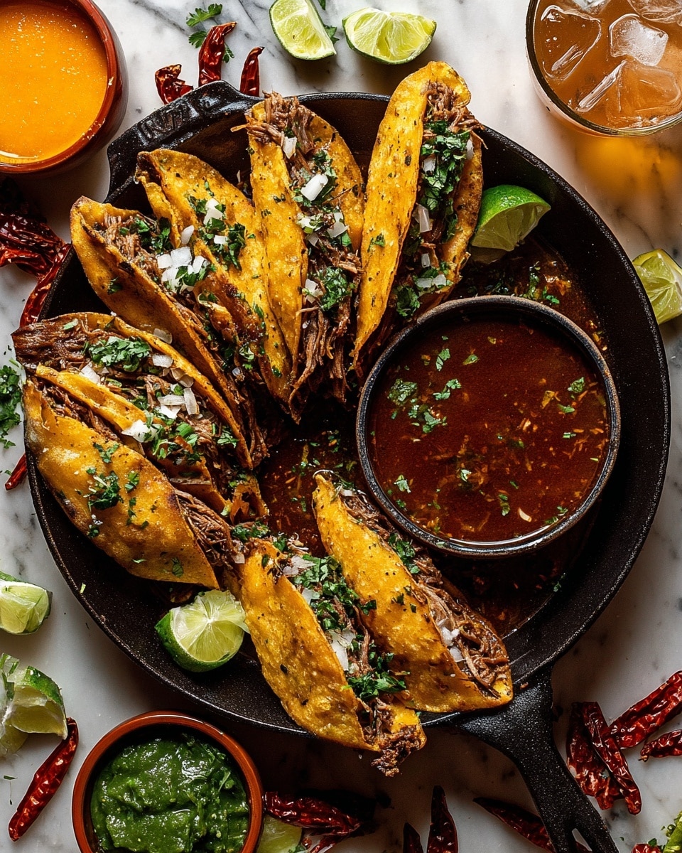 A black cast iron pan holds seven golden brown, crispy tacos, each filled with shredded beef, chopped white onions, and bright green cilantro. The tacos are arranged around a small round section in the pan filled with a rich, dark reddish-brown broth, showing some bits of spices and herbs. Around the pan, lime wedges and dried red chili peppers are scattered on a white marbled surface, along with a small bowl of green sauce and another bowl with an orange-red creamy sauce. A cold drink with ice sits in the top right corner. photo taken with an iphone --ar 4:5 --v 7