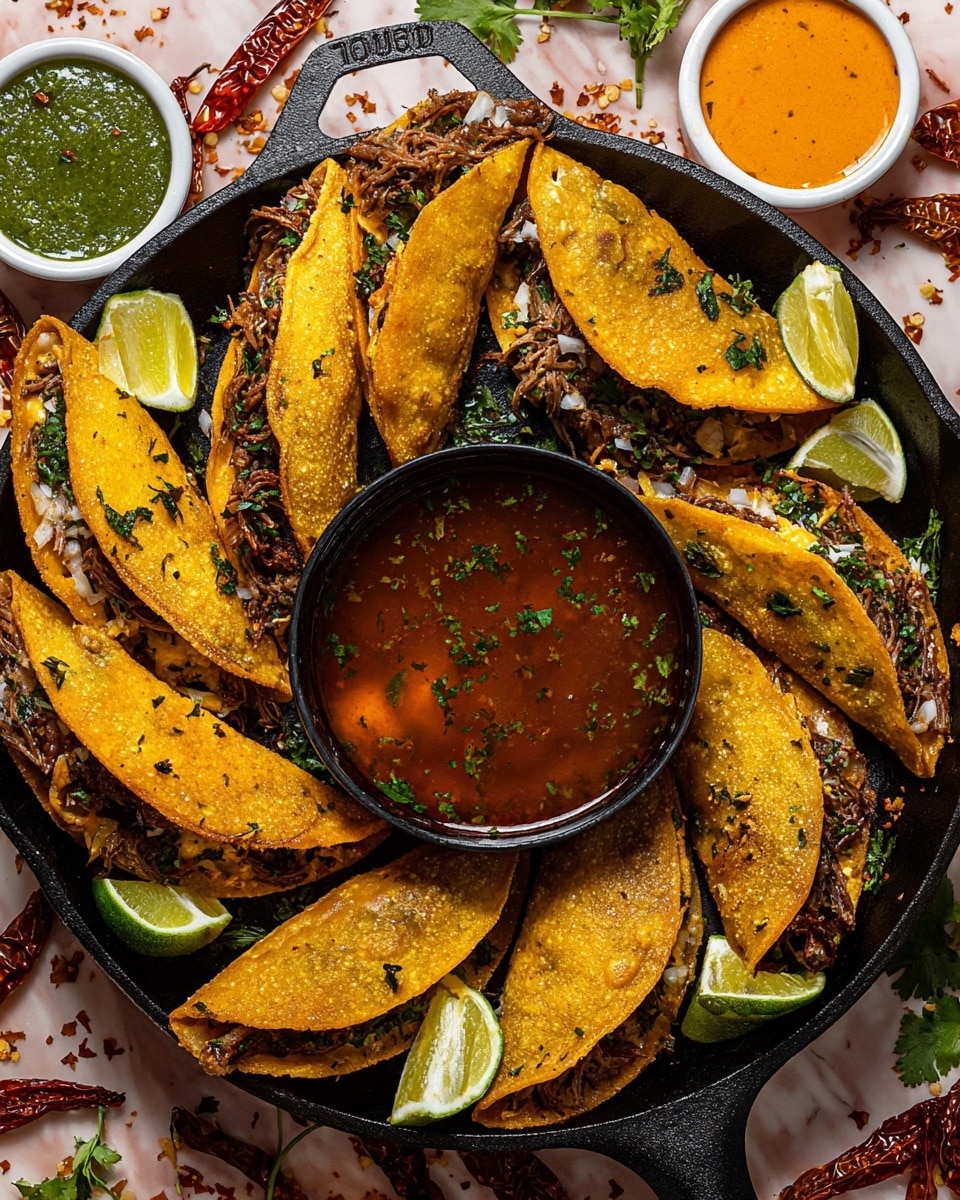 A black cast iron skillet filled with several golden brown, crispy fried tacos arranged in a circular pattern around a smaller skillet in the center, which is filled with a rich, reddish-brown broth containing visible bits of herbs and spices. Each taco shell is slightly oily, folded in half, and stuffed with shredded dark brown meat, finely chopped white onions, and fresh green cilantro. Lime wedges are placed around the skillet, along with small white bowls of green salsa and reddish-orange creamy sauce. The background is a white marbled surface with scattered dried red chilies and fresh green herbs, creating a vibrant, inviting scene. Photo taken with an iphone --ar 4:5 --v 7
