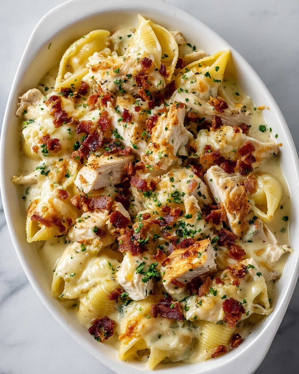 A white oval dish filled with three layers of food is shown on a white marbled surface. The bottom layer is creamy, smooth, light beige sauce. The middle layer is shell-shaped pasta, yellow with a soft texture, some covered in sauce, some showing a bit of butter shine. The top layer contains chunks of grilled chicken with light browning, scattered crispy bacon bits in reddish-brown, and green chopped herbs sprinkled evenly over all. The dish looks hot and creamy with toasted cheese patches. photo taken with an iphone --ar 4:5 --v 7
