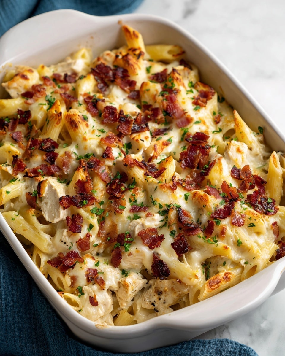A white casserole dish filled with baked pasta showing three main layers: the bottom layer is pale yellow cooked penne pasta mixed with chunks of white chicken, the middle layer is creamy melted cheese coating all the pasta and chicken with a smooth texture, and the top layer is sprinkled with crispy, dark reddish-brown bacon bits and small green parsley pieces scattered evenly. The edges of the pasta are slightly browned, giving a toasted look. The dish is placed on a white marbled textured surface with a blue cloth blurred in the background. Photo taken with an iphone --ar 4:5 --v 7