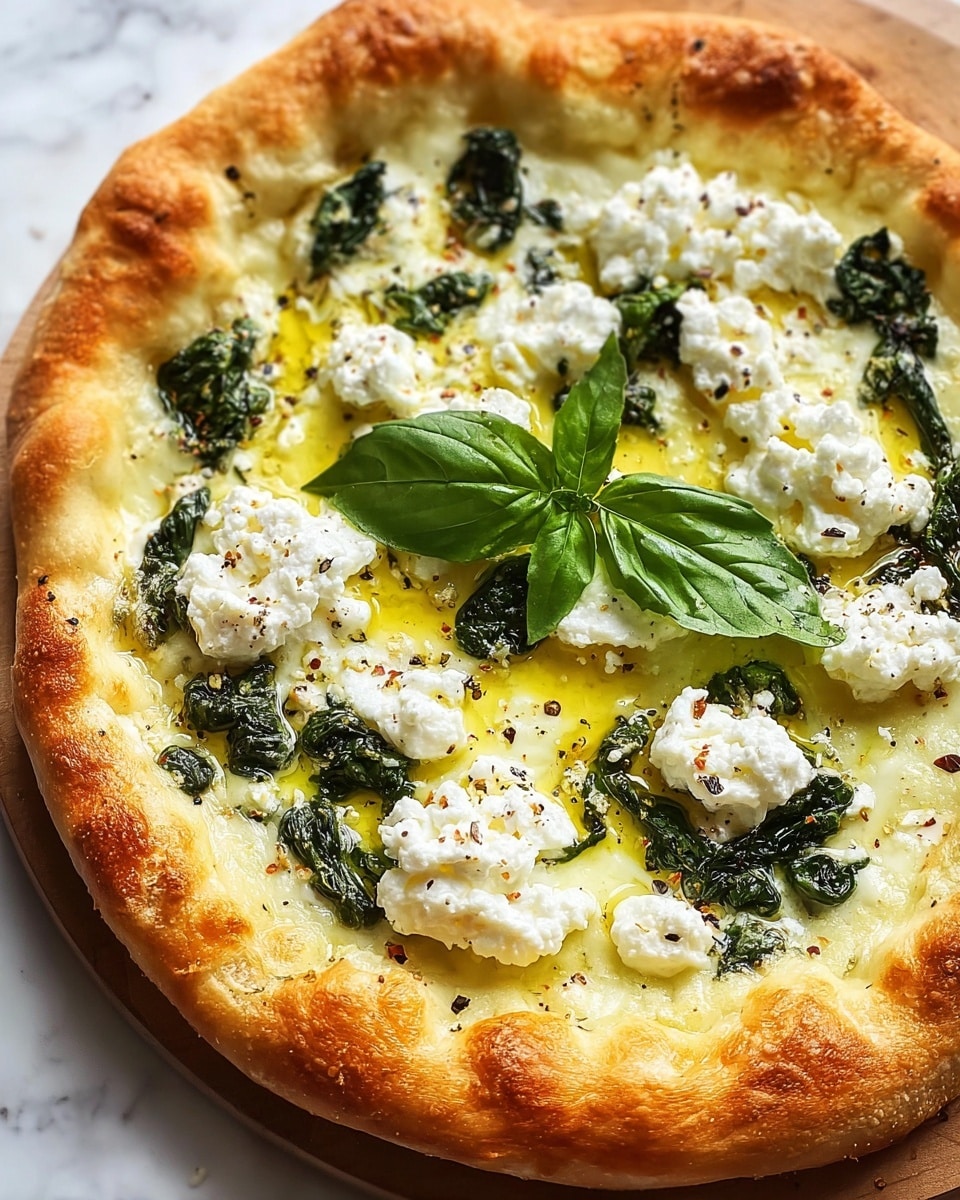 A close-up of a round pizza with a golden-brown, slightly puffy crust as the outer layer. Inside the crust, the first layer is melted white cheese forming a smooth base. On top of this, there are scattered dark green cooked spinach leaves with a slightly wilted texture. White dollops of soft ricotta cheese are spread evenly over the spinach, adding a fluffy and creamy look. There is a drizzle of yellow olive oil glistening across the surface, with a light sprinkle of black pepper giving small dark specks. In the center, a fresh bright green basil leaf sits on top, adding a touch of color contrast. The pizza rests on a white marbled surface. Photo taken with an iphone --ar 4:5 --v 7