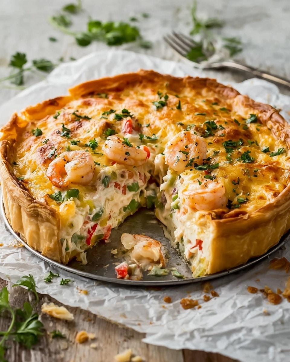 A savory pie with a golden-brown crust forms the base and sides, holding three visible layers inside: a creamy white sauce mixed with large pink shrimp and pieces of red and green bell peppers, topped with a thick layer of melted, bubbly cheese in shades of golden yellow and light brown, sprinkled with fresh green herbs on top. The pie is partly sliced, showing the thick filling oozing slightly onto a round silver tray, all placed on crumpled parchment paper over a white marbled surface. A silver fork rests beside the tray, with some scattered crumbs and fresh green herbs in the background. Photo taken with an iphone --ar 4:5 --v 7