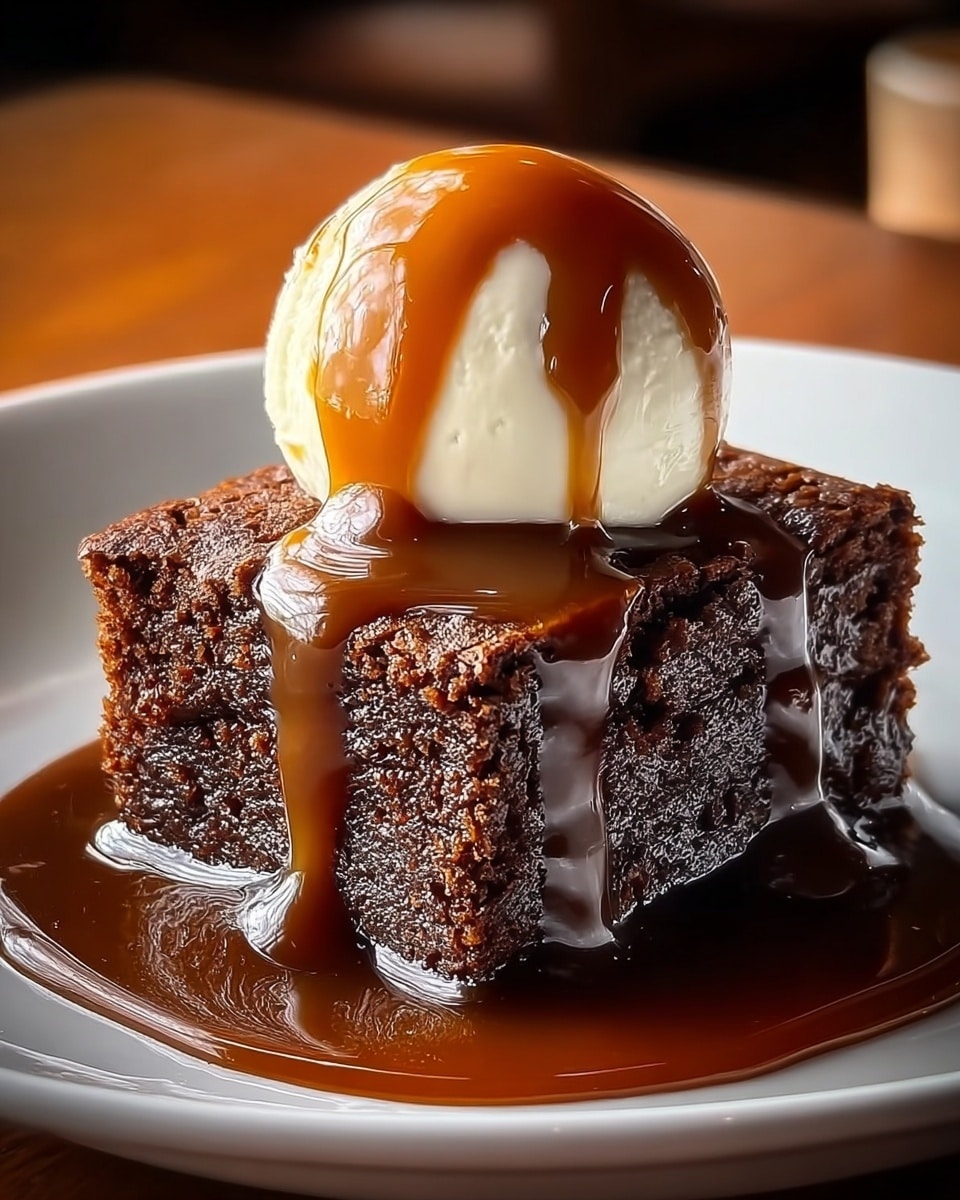 A single square slice of rich dark brown chocolate cake sits in the center of a white plate, soaked in a thick, shiny caramel sauce that pools generously around the base and drips down the sides of the cake. On top of the cake is a round scoop of smooth, creamy white ice cream, with caramel sauce dripping slowly over its sides, contrasting nicely with the dark cake and sauce below. The background features a warm, softly blurred scene that brings focus to the cake. Photo taken with an iphone --ar 4:5 --v 7