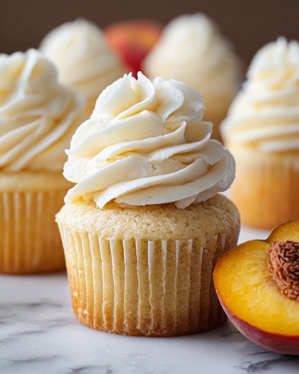 A close-up of a vanilla cupcake with one visible layer of light golden cake that has a soft and slightly textured surface. On top is a thick swirl of white, creamy frosting piped in a tall, fluffy spiral. The cupcake sits directly on a white marbled surface, with blurred vanilla cupcakes in the background. To the right is a peach half showing its bright orange-yellow flesh and wrinkled brown seed inside. Photo taken with an iphone --ar 4:5 --v 7