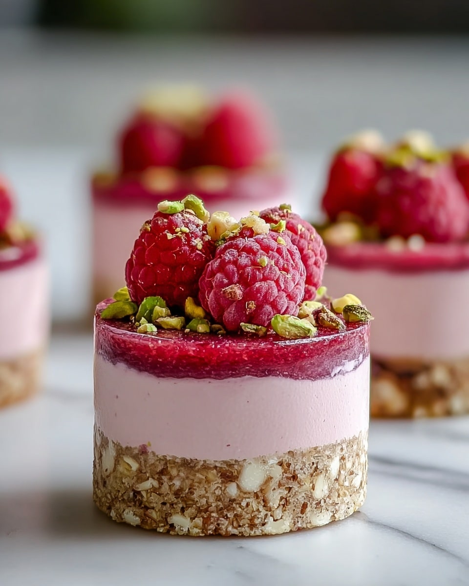 The image shows a small layered dessert with three clear layers on a white marbled surface. The bottom layer is a coarse, crumbly light brown crust with visible pieces of nuts. The middle layer is a smooth, pale pink creamy mousse. The top layer is a thin, darker pink jelly with embedded raspberry pieces. On the very top are whole fresh red raspberries and scattered green chopped pistachios, adding texture and color contrast. The dessert is round and neatly formed, with two more similar desserts blurred in the background. photo taken with an iphone --ar 4:5 --v 7