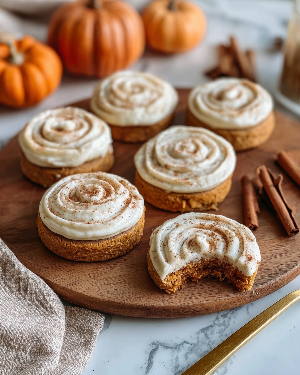 There are five round cookies with two layers each, placed on a round wooden board on a white marbled surface. The bottom layer is thick, soft, and orange-brown, while the top layer is creamy white frosting swirled in a spiral pattern. The frosting is dusted with a light brown powder, likely cinnamon. One cookie in the front right has a bite taken out of it, showing the orange-brown inside. In the background, there are small pumpkins, cinnamon sticks, and a golden fork resting on a beige cloth near the board. The photo is taken with an iphone --ar 4:5 --v 7