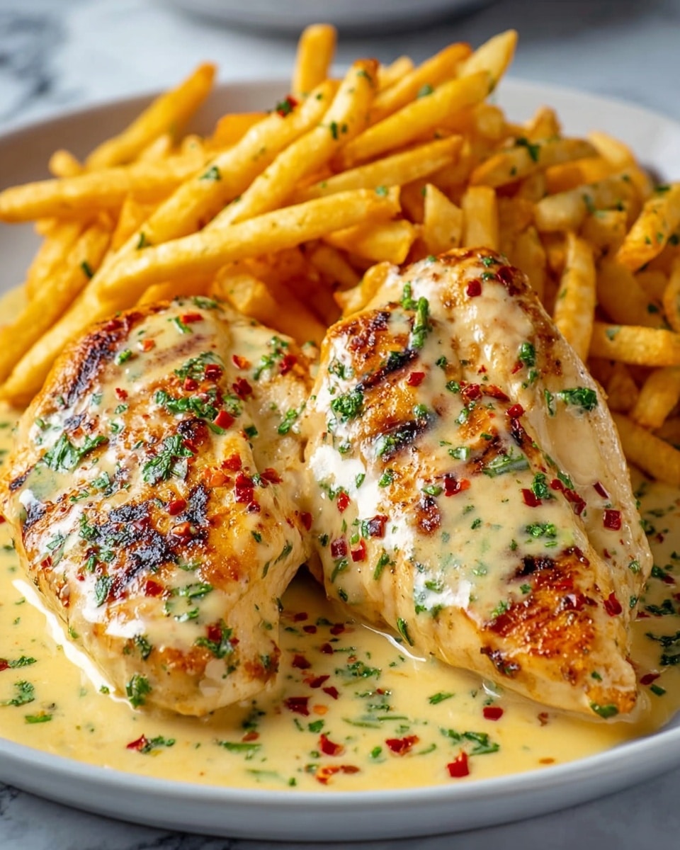 A close-up of two grilled chicken breasts, golden brown with light char marks, covered in a creamy yellow sauce scattered with red chili flakes and green herbs, sitting on a white plate. Behind the chicken, there is a bunch of light golden French fries with a soft texture. The plate rests on a white marbled surface. Photo taken with an iphone --ar 4:5 --v 7