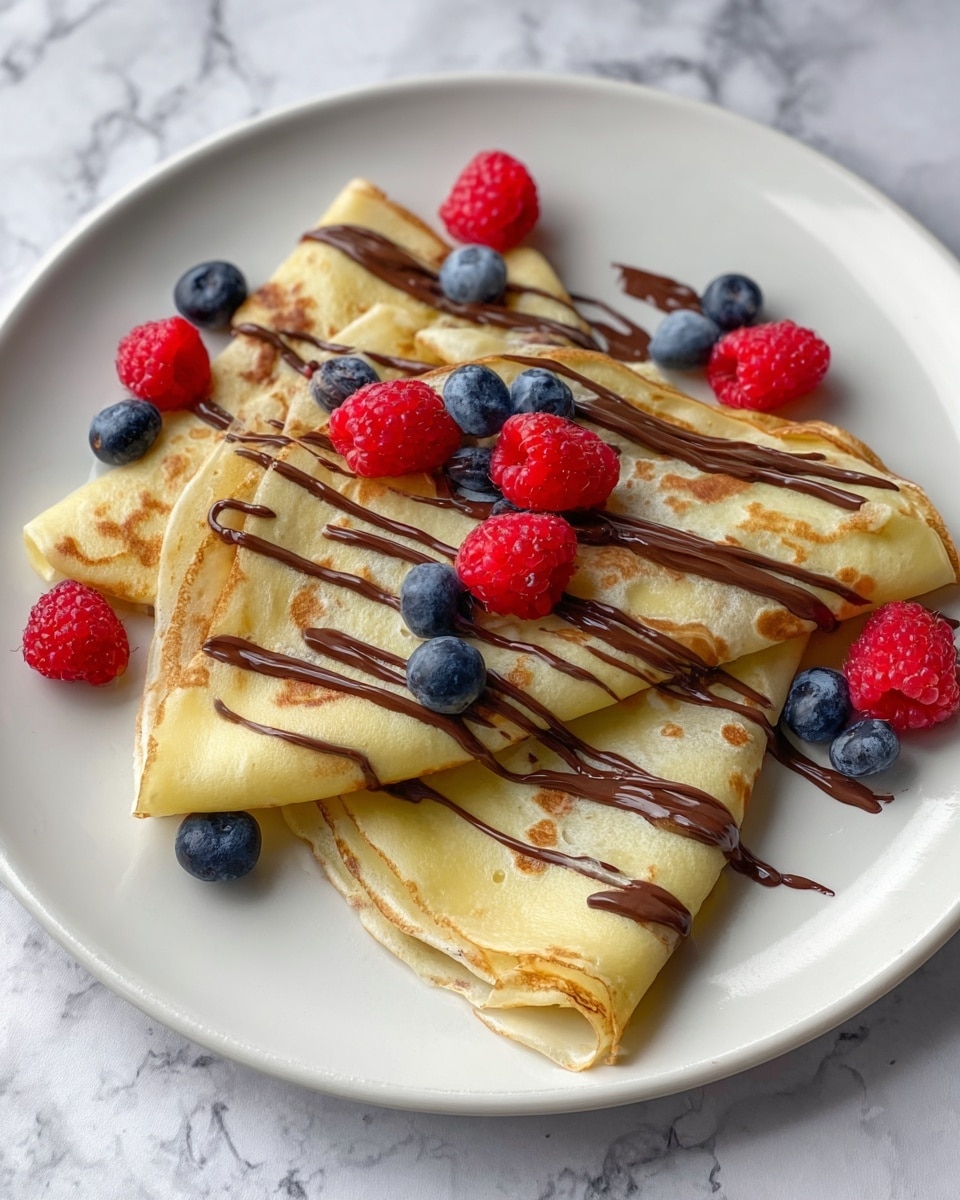 A white plate holds three folded crepes, each pale yellow with light brown spots and soft texture. The crepes are arranged overlapping in the center of the plate. Drizzled over them is a smooth, glossy layer of chocolate sauce in thin, curving lines. Scattered on and around the crepes are fresh red raspberries and deep blue blueberries, adding bright pops of color against the pale crepes and white plate. The plate sits on a white marbled surface. photo taken with an iphone --ar 4:5 --v 7