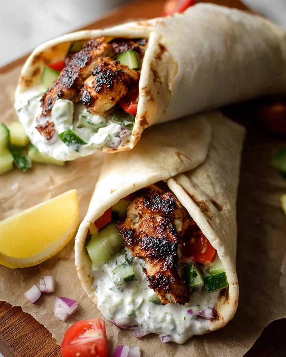 The image shows two wraps filled with grilled chicken, small pieces of green cucumber, red tomato, and a creamy white sauce, all wrapped in a soft white flatbread. The grilled chicken pieces are golden brown with dark grill marks, sitting on top of the fresh vegetables and the thick white sauce inside the flatbread. The wraps rest on light brown paper placed on a white marbled surface, with a lemon wedge and some scattered chopped cucumbers, tomatoes, and red onions nearby. photo taken with an iphone --ar 4:5 --v 7