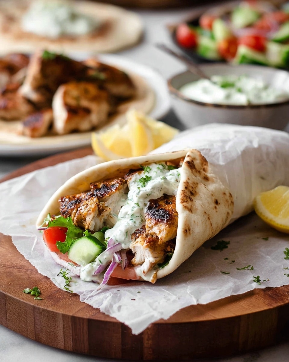 The image shows a soft, folded white flatbread wrapped around grilled, golden-brown pieces of chicken. Inside the wrap, there is a layer of chopped fresh vegetables, including green cucumber and red tomato, with small bits of purple onion scattered throughout. On top of the chicken, a creamy white sauce with visible green herbs is drizzled generously. The wrap rests on a piece of white parchment paper placed on a wooden board, with lemon wedges nearby. In the background, there are blurred white plates with more grilled chicken and bowls filled with a fresh vegetable salad and a creamy dip, all set against a white marbled surface. Photo taken with an iphone --ar 4:5 --v 7