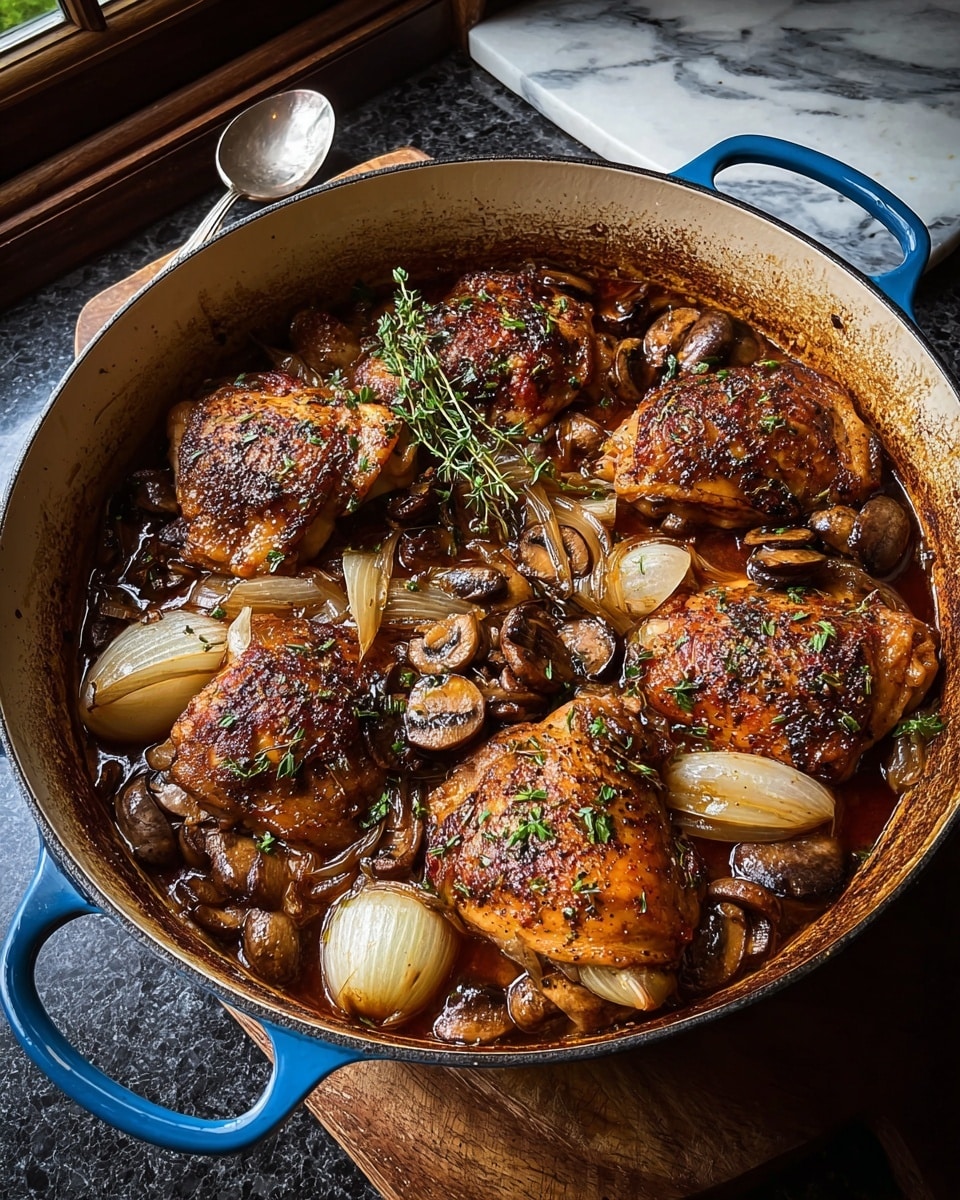 A round blue cast iron pot filled with four browned, crispy chicken thighs on top, each well-seasoned with herbs. Around and beneath the chicken are several thick slices of caramelized white onions and whole brown mushrooms mixed in a rich, dark brown sauce. Some fresh green thyme sprigs lie along the chicken. The pot sits on a wooden board with a spoon beside it. The background shows a window and a dark countertop with a white marbled texture. Photo taken with an iphone --ar 4:5 --v 7