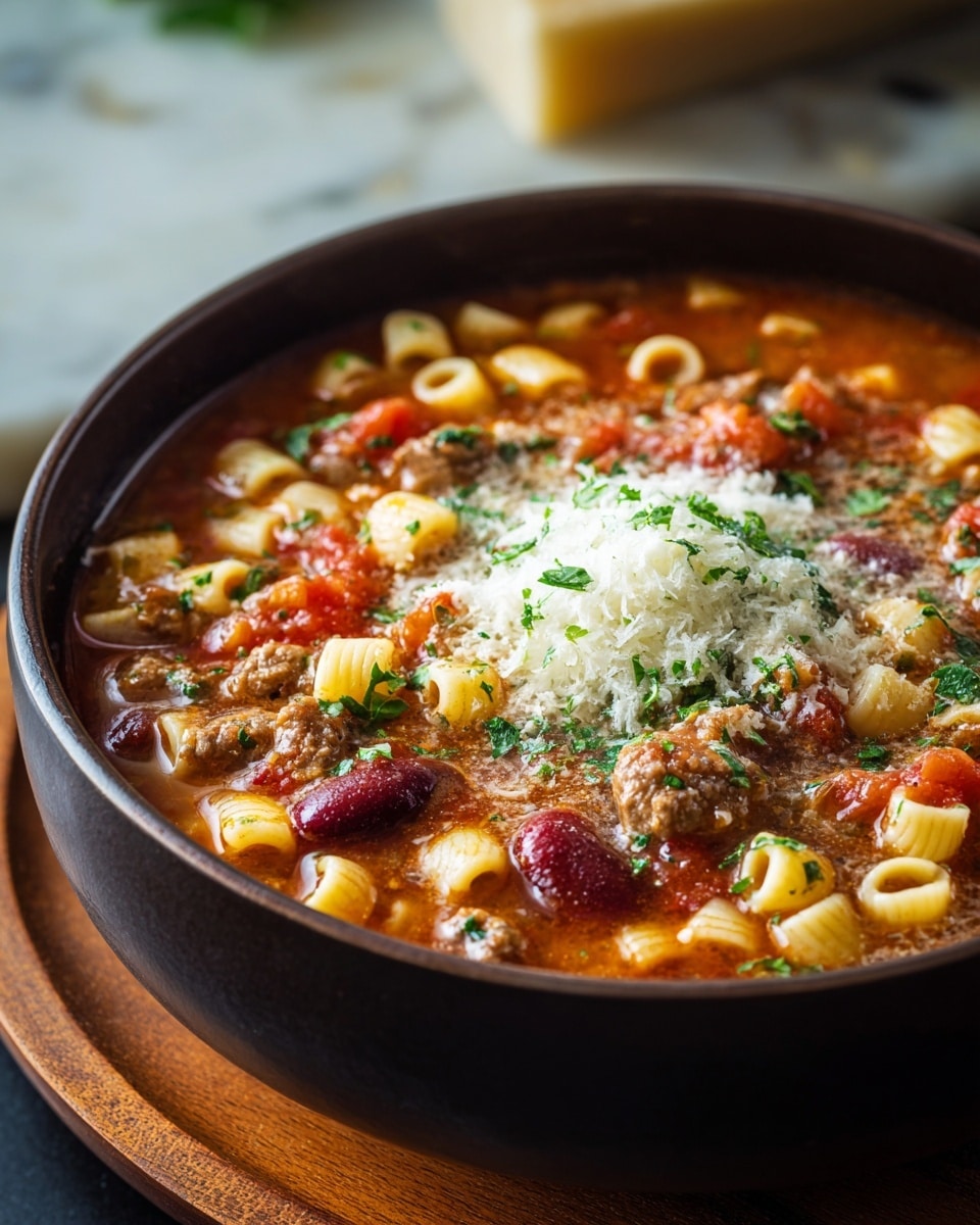 A close-up view of a dark bowl filled with a thick soup that has three main layers: small tube-shaped pasta in pale yellow, red kidney beans, and chunky pieces of browned meat mixed in a rich reddish-brown broth with visible diced tomatoes and finely chopped green herbs throughout; the soup is topped with a small mound of grated white cheese sprinkled with green herbs right in the center, sitting on a round wooden board, with a blurred white marbled texture in the background. photo taken with an iphone --ar 4:5 --v 7