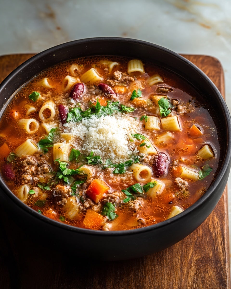 The image shows a black bowl filled with a hearty soup placed on a wooden board over a white marbled surface. The soup has several layers visible: a rich, reddish-brown broth forms the base, with many small, tube-shaped pasta pieces scattered throughout. Mixed in are chunks of orange carrot, red kidney beans, and bits of ground meat offering a textured look. On top, fresh green herbs are sprinkled, adding a bright contrast, while a small pile of grated white cheese sits in the center, slightly melting into the soup. Photo taken with an iphone --ar 4:5 --v 7