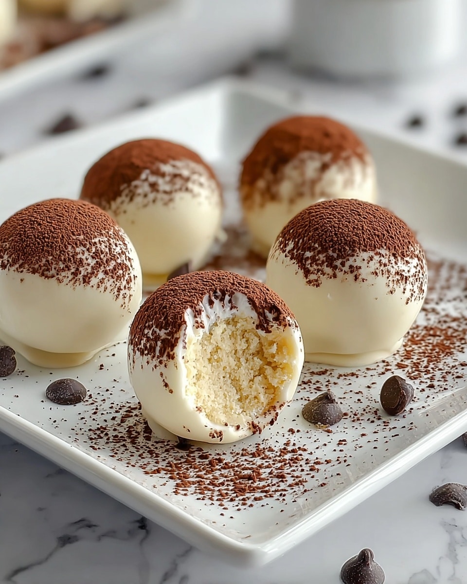 The image shows five round dessert balls on a white square plate, each covered in a smooth, white chocolate shell dusted with dark brown cocoa powder on the top half. Two of the balls have a visible inner layer showing a soft, crumbly light yellow cake inside beneath the white shell. The plate is sprinkled with extra cocoa powder and small dark chocolate chips scattered around the desserts. The background features a white marbled texture, giving a clean, bright look. photo taken with an iphone --ar 4:5 --v 7