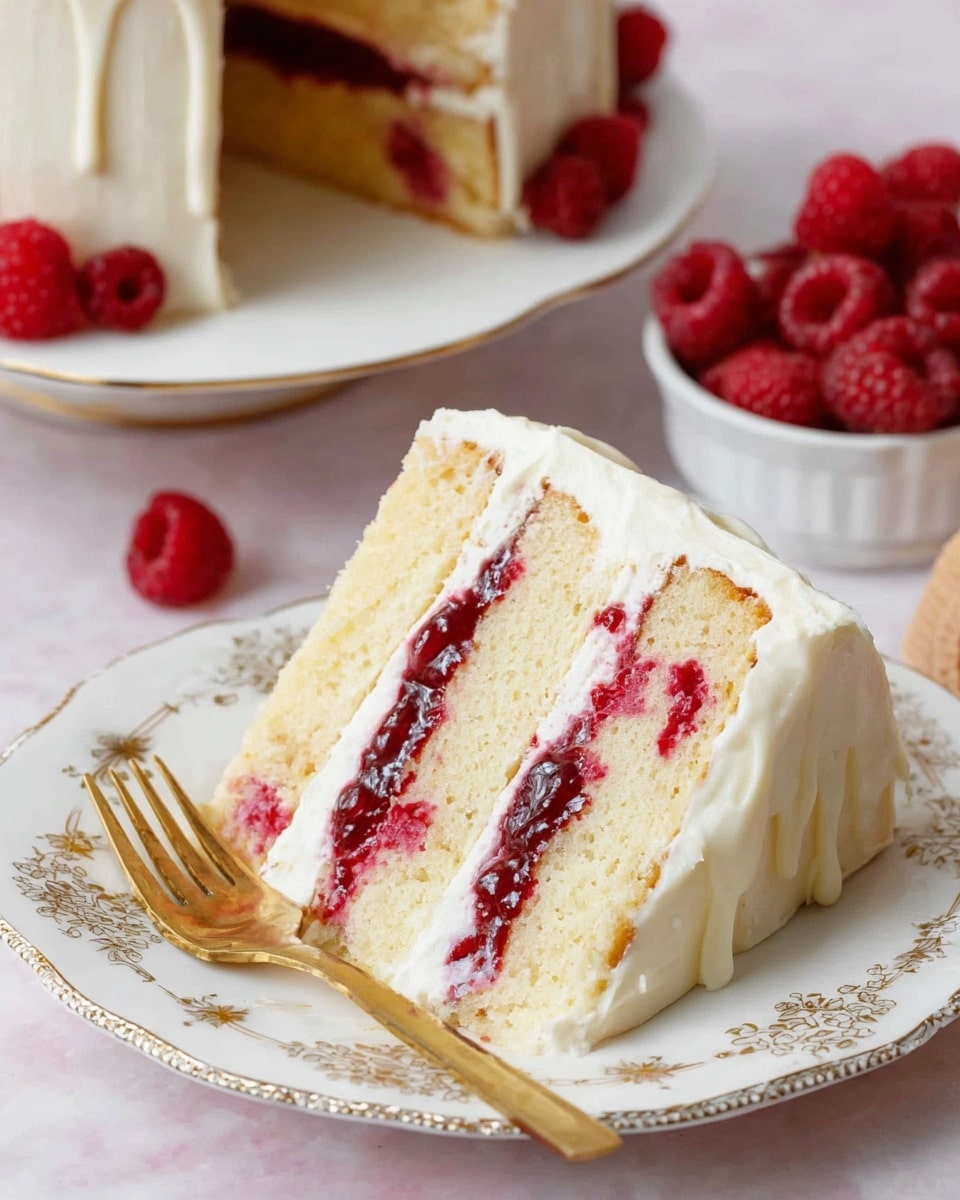 A slice of three-layer vanilla cake with white creamy frosting is placed on a white plate with a delicate gold floral pattern around the edge. The cake layers are light yellow with visible small red raspberries inside. The middle layer is a thick, dark red raspberry jam filling. The outside is coated with smooth white frosting that slightly drips over the sides. A gold fork lies on the plate next to the cake slice. In the background, a white plate holds the rest of the cake with red raspberries nearby, all set on a white marbled surface. Photo taken with an iphone --ar 4:5 --v 7