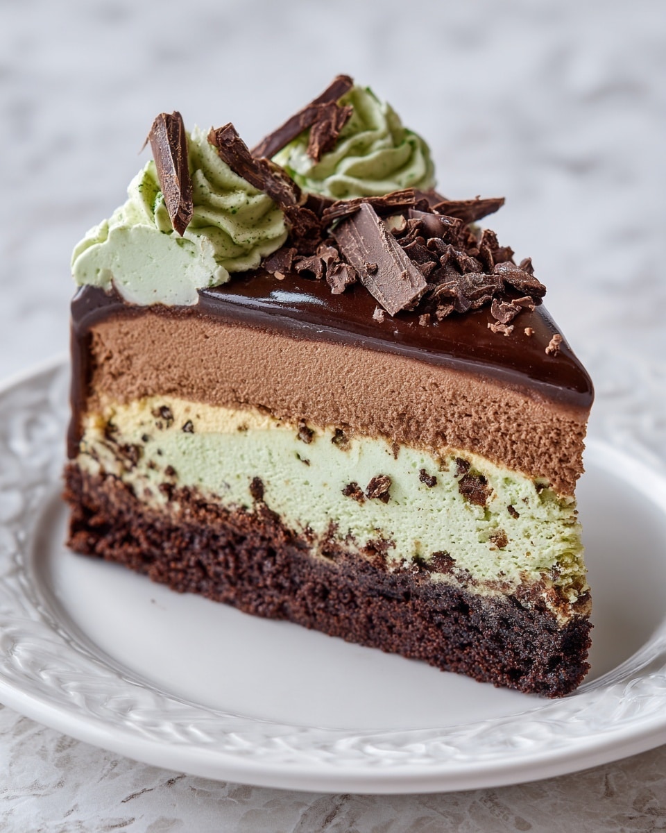 A slice of layered cake sits on a white plate with delicate beige swirls along the edge, placed on a white marbled surface. The bottom layer is a dense, dark brown cake base, topped by a thick, light green mousse layer with some darker chocolate streaks running horizontally through it. Above this mousse is a smooth, glossy, dark chocolate ganache layer with a shiny finish. The top of the cake is decorated with swirls of chocolate frosting in a rich medium brown color, garnished with uneven, dark chocolate shavings scattered over the swirls. Photo taken with an iphone --ar 4:5 --v 7