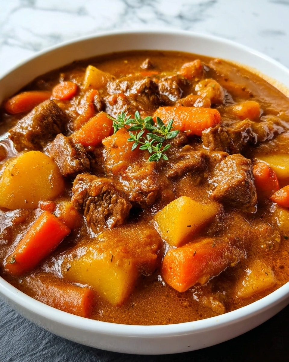 The image shows a close-up view of a white bowl filled with thick beef stew on a white marbled surface. The stew has chunky layers of orange carrots, yellow potatoes, and dark brown pieces of beef, all mixed in a rich, brown sauce. The texture of the sauce looks smooth and slightly glossy, covering the tender chunks of vegetables and meat. A small sprig of green herb sits on top as a garnish, adding a fresh color contrast to the warm tones of the stew. Photo taken with an iphone --ar 4:5 --v 7