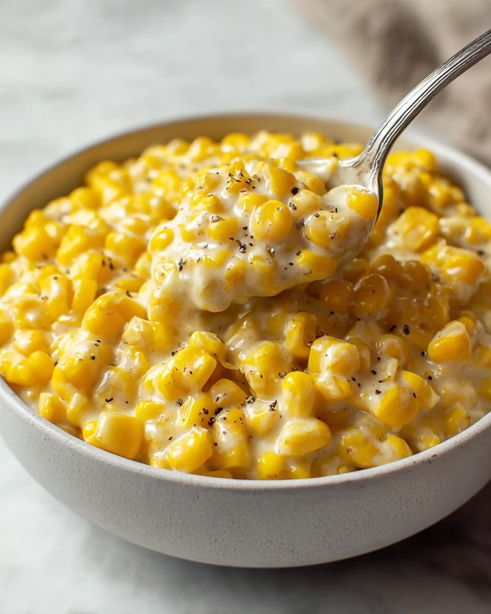 The image shows a bowl filled with creamy corn casserole made of bright yellow corn kernels coated in a rich, smooth white cheese sauce with a glossy texture. The corn is topped with small sprinkles of black pepper that add contrast. A silver spoon scoops some of the creamy corn from the bowl, showing the thick, luscious sauce clinging to the kernels. The bowl is white and sits on a white marbled surface, with soft natural light enhancing the warm golden-yellow color of the corn. photo taken with an iphone --ar 4:5 --v 7