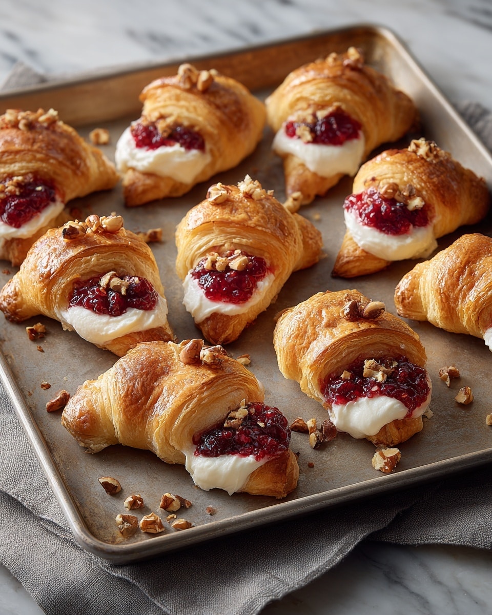 A metal baking tray holds ten small, golden-brown croissants arranged in a loose grid. Each croissant is topped with a thick layer of creamy white filling in the center, covered partially by a bright red, chunky berry jam. Small pieces of chopped nuts are sprinkled on top of the jam and scattered around the tray. The croissants have a shiny, slightly sugary glaze and flaky texture. The tray sits on a light grey cloth over a white marbled surface, with soft, natural lighting highlighting the warm tones of the pastries. photo taken with an iphone --ar 4:5 --v 7