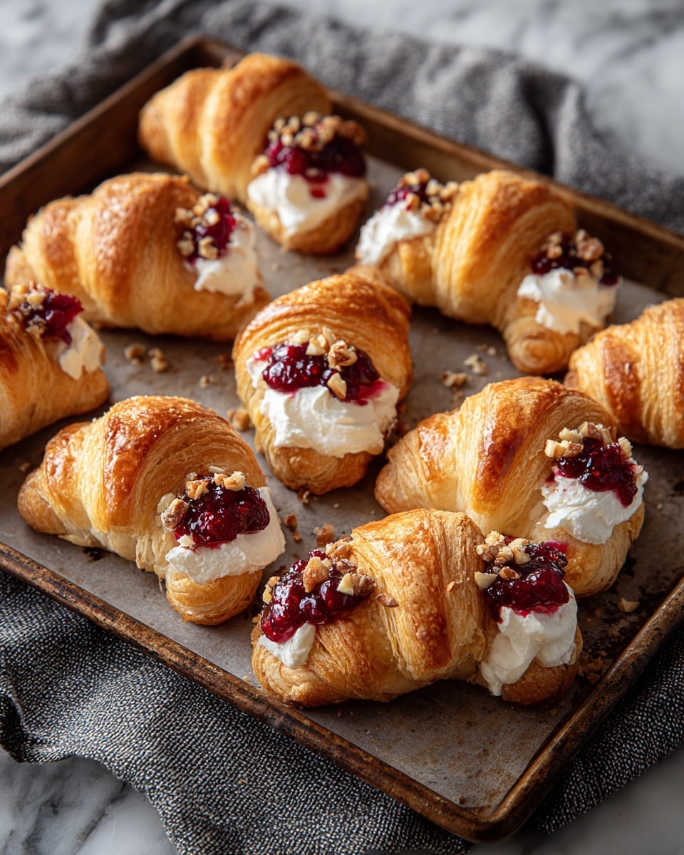 The image shows a baking tray filled with ten golden-brown mini croissants, each topped with a layer of white cream cheese, a dollop of bright red cranberry sauce, and small chopped nuts sprinkled on top. The croissants have a flaky texture with a slight shine from a sugar coating, and the toppings sit mostly in the middle, adding a colorful contrast. The tray rests on a textured gray cloth over a white marbled surface, creating a warm and cozy setting. photo taken with an iphone --ar 4:5 --v 7
