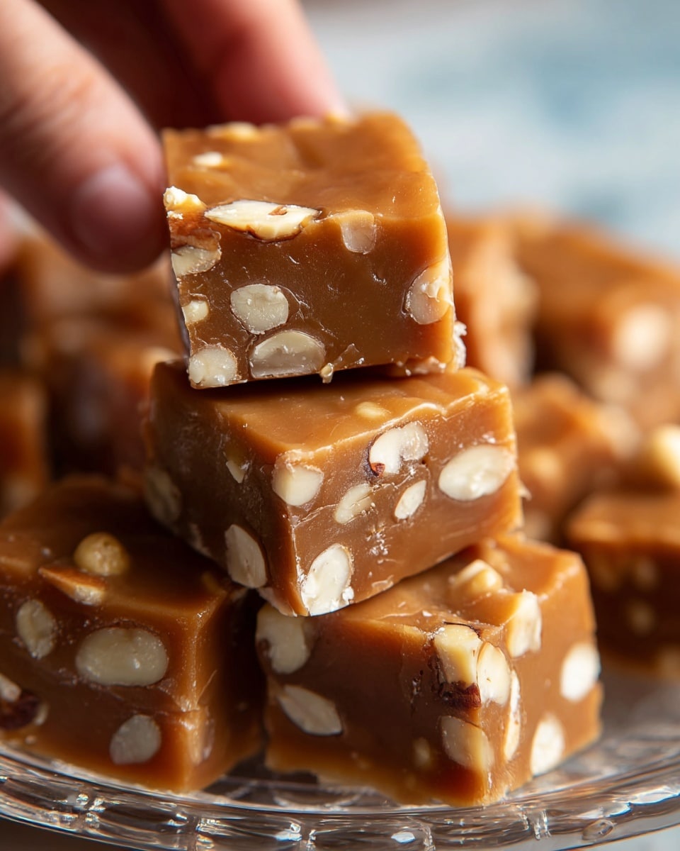 The image shows several pieces of square caramel fudge with visible nuts mixed throughout. The fudge has a smooth, shiny brown caramel layer on top, with embedded unevenly-sized white and light brown nut pieces inside. The two pieces in the front clearly display the nut pieces embedded in a dense caramel base, stacked on top of each other inside a clear glass dish. A woman's hand is gently holding a piece of fudge from the top left corner. The background is blurred with more caramel fudge pieces visible. The whole scene is set against a white marbled texture. photo taken with an iphone --ar 4:5 --v 7