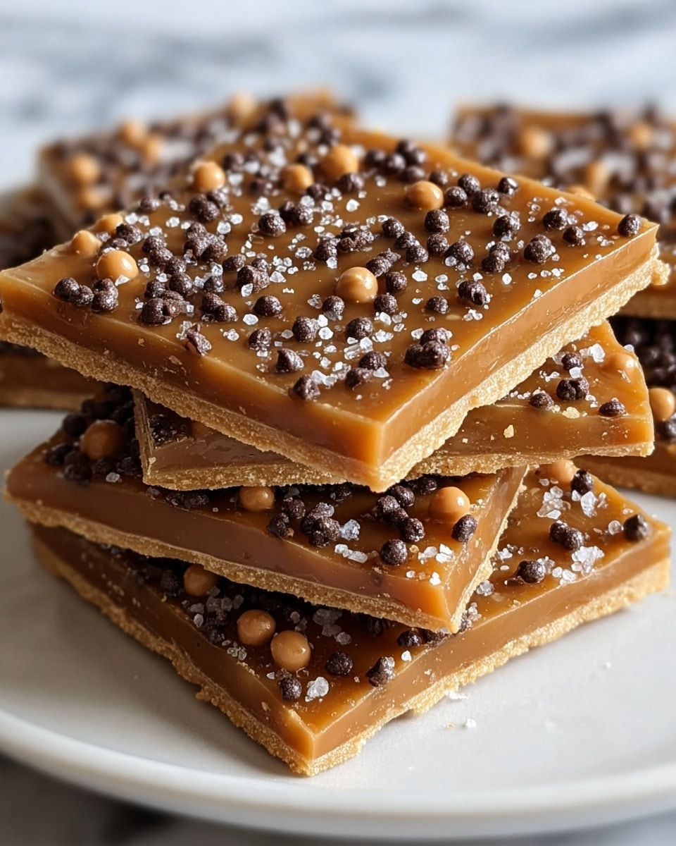 A stack of four square layers of caramel toffee bark is shown on a white plate, each layer having a light golden base with a smooth, glossy caramel top layer. The caramel is sprinkled evenly with small dark brown chocolate chips, tiny round light brown caramel balls, and coarse salt flakes that add texture and sparkle. The layers are neatly stacked, slightly offset to show the edges and thickness of each one, resting on a white marbled surface. photo taken with an iphone --ar 4:5 --v 7