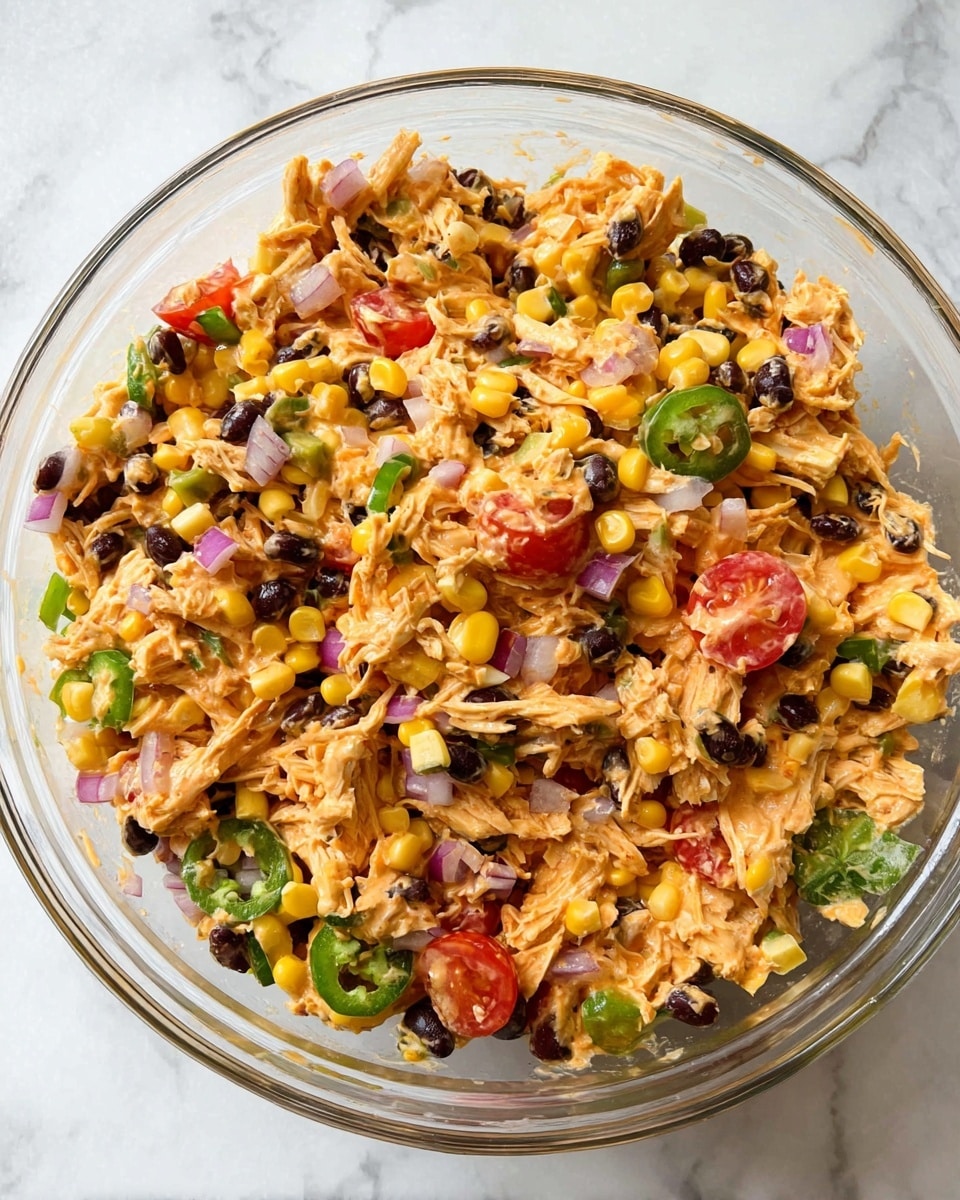 A clear glass bowl filled with a mixed salad containing shredded chicken in a light orange creamy dressing as the main layer, scattered with bright yellow corn kernels, black beans, slices of green jalapeño, chopped red onion, and small red tomato chunks, all evenly combined and visible throughout the bowl. The surface below the bowl has a white marbled texture. Photo taken with an iphone --ar 4:5 --v 7