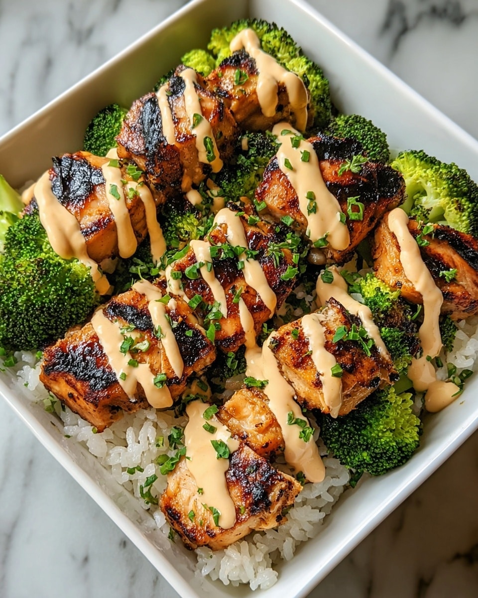 In a white square bowl, there is a bed of white rice as the bottom layer. On top of the rice, grilled chicken pieces with dark char marks are arranged in rows, showing a golden-brown color with some black grill lines. Bright green broccoli florets are placed around and between the chicken pieces, adding a fresh contrast. A creamy light beige sauce is drizzled in thin stripes over the chicken and broccoli, and small chopped green herbs are sprinkled on top. The bowl is set on a white marbled surface. photo taken with an iphone --ar 4:5 --v 7