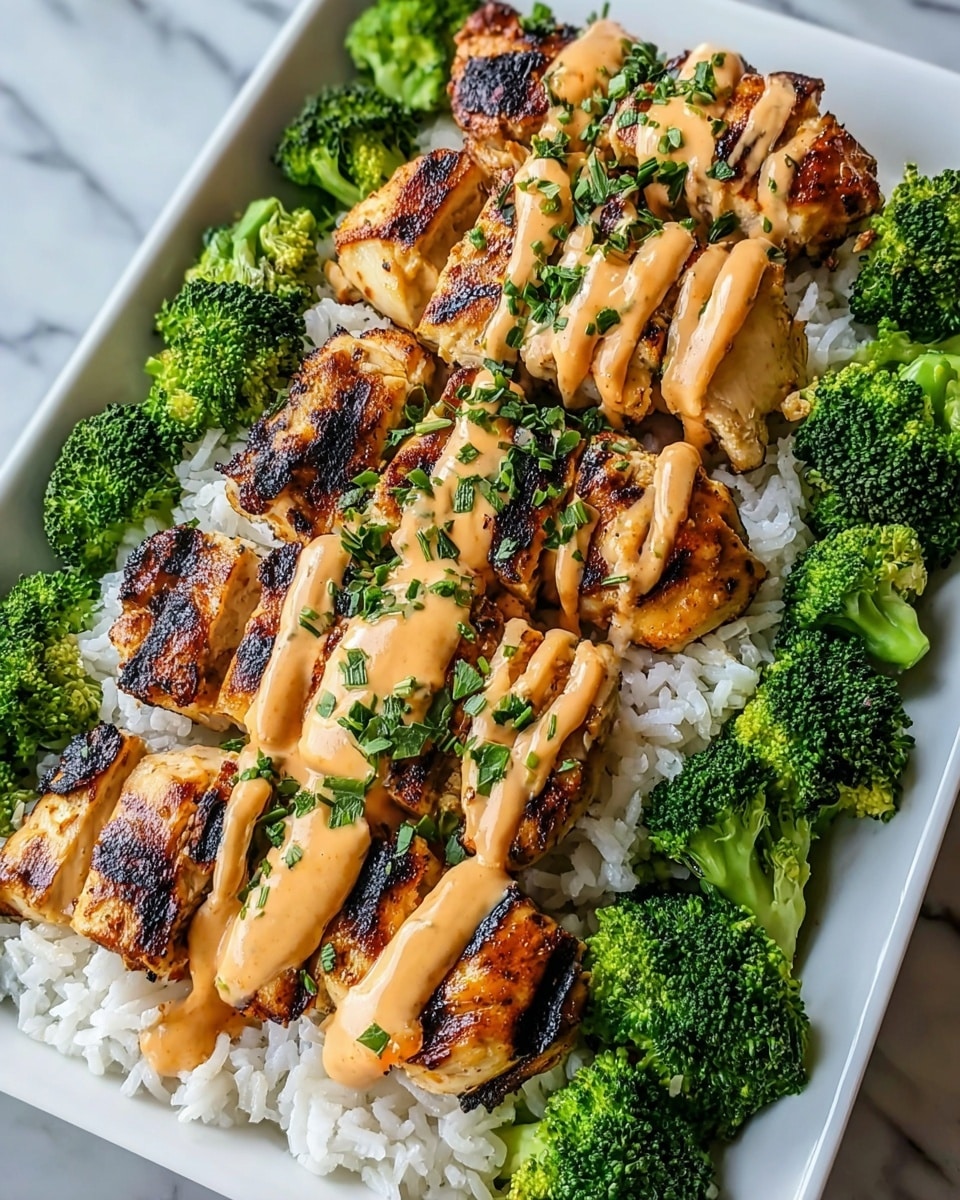 A white rectangular plate holds a layered dish starting with a base of white rice on the left side, followed by bright green broccoli florets arranged neatly around the edges. On top of the rice and broccoli are several pieces of grilled chicken, golden brown with dark char marks, laid out in two rows. The chicken is drizzled with a creamy light orange sauce, and chopped green herbs are sprinkled over the top, adding a fresh contrast. The plate is set on a white marbled texture. photo taken with an iphone --ar 4:5 --v 7