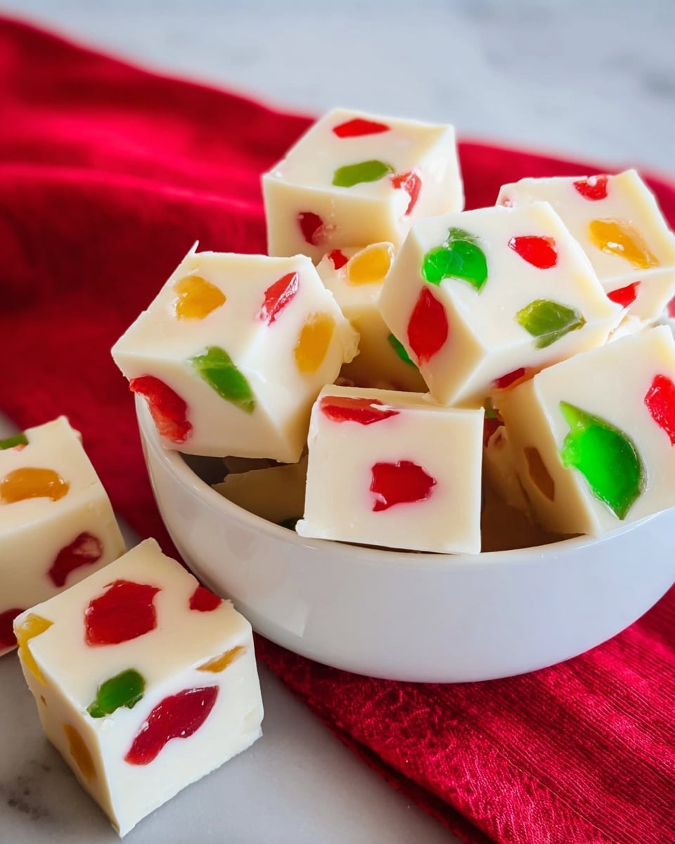 The image shows a bowl filled with cubed white fudge that has colorful jelly-like pieces embedded inside each cube. Each cube has a smooth, creamy white base with bright red, green, and orange jelly bits randomly placed inside. The cubes have a slightly shiny, soft texture, stacked closely to fill the white bowl almost to the top. Around the bowl are a few extra cubes on a white marbled surface with a red cloth partially visible in the background, adding a bright contrast to the scene. Photo taken with an iphone --ar 4:5 --v 7