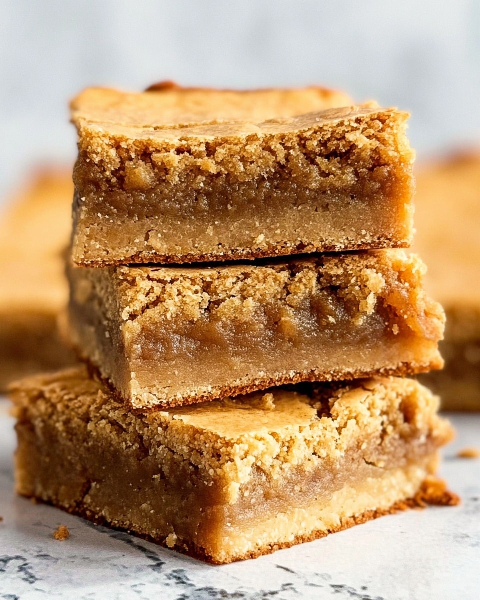 The image shows a close-up of three stacked blondie bars with a golden brown cracked top layer that looks slightly crispy. The middle layer is dense, moist, and light brown with a soft, crumbly texture, while the bottom layer is slightly darker and firmer, providing a solid base for the bars. Each bar is square-shaped with rough edges, showing the layers clearly from the side. The background surface is a white marbled texture, adding a clean and bright contrast to the rich colors of the blondies. photo taken with an iphone --ar 4:5 --v 7