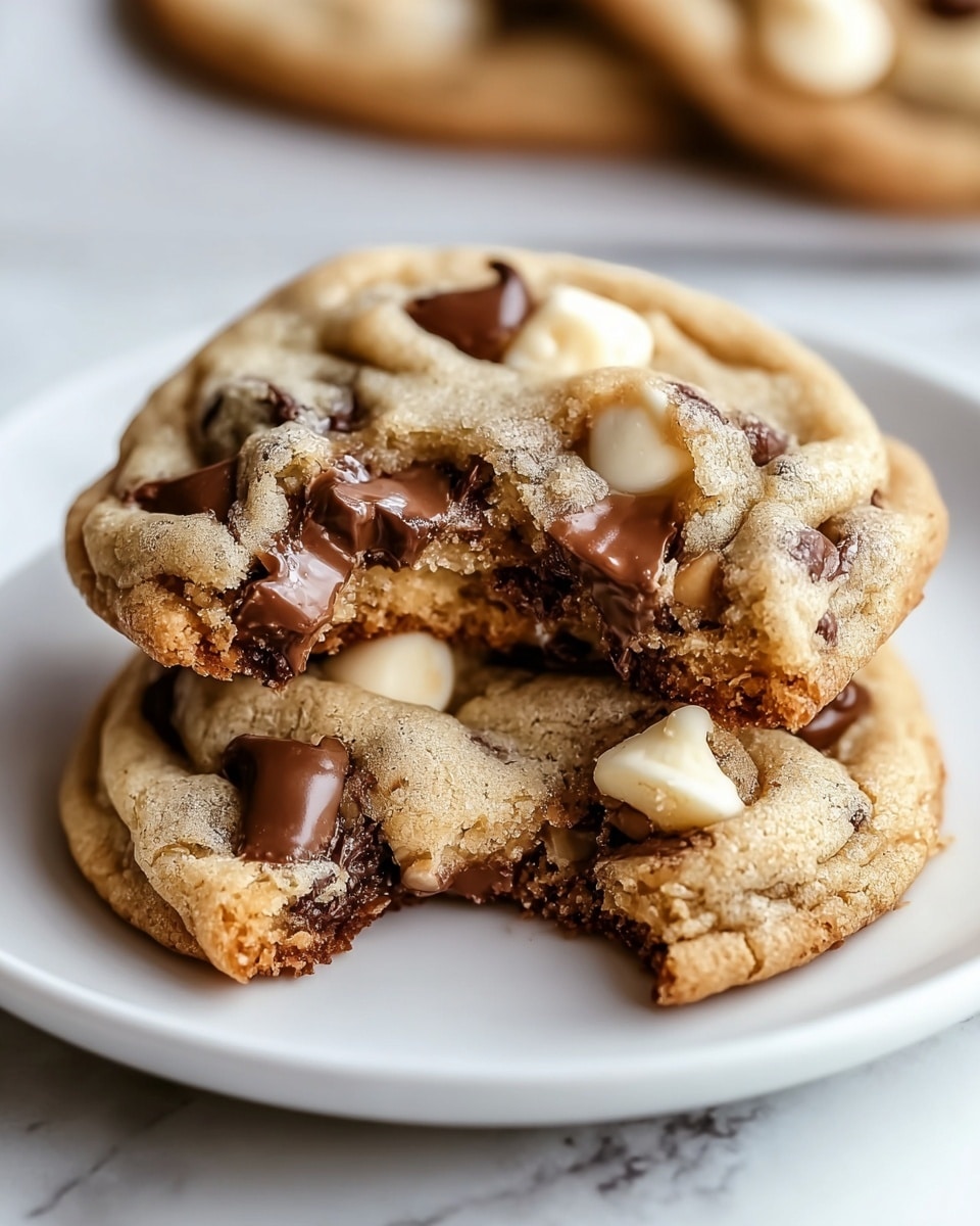 The image shows a close-up of two chocolate chip cookies on a white plate placed on a white marbled surface. The top cookie, broken in half, reveals a soft, chewy inside with melted milk chocolate chips and white chocolate chips embedded within the golden brown dough. The bottom cookie is whole, but a bite is taken out of it, showing the same rich, gooey texture with chips peeking through the warm cookie base. The cookies have a slightly cracked surface and a soft, crumbly texture. Photo taken with an iphone --ar 4:5 --v 7