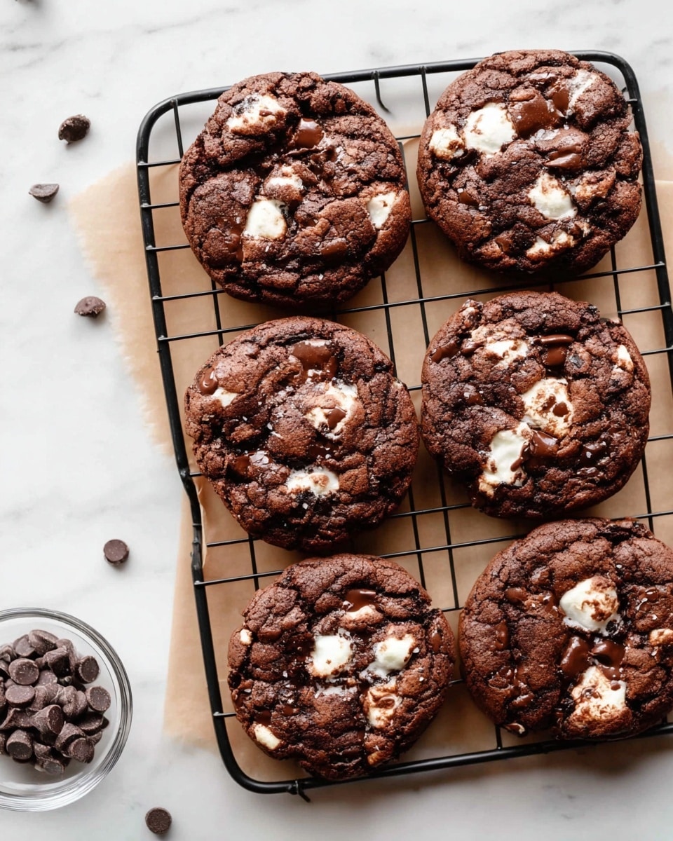 Six thick chocolate cookies with visible white marshmallow patches and dark chocolate chips are placed on a black cooling rack lined with light brown paper. The cookies have a rough, cracked texture with dark brown as the main color and uneven white and melted chocolate spots scattered on top. The surface below is a white marbled texture, where a small clear glass bowl filled with chocolate chips is partially visible on the left side, along with loose chocolate chips scattered nearby. photo taken with an iphone --ar 4:5 --v 7