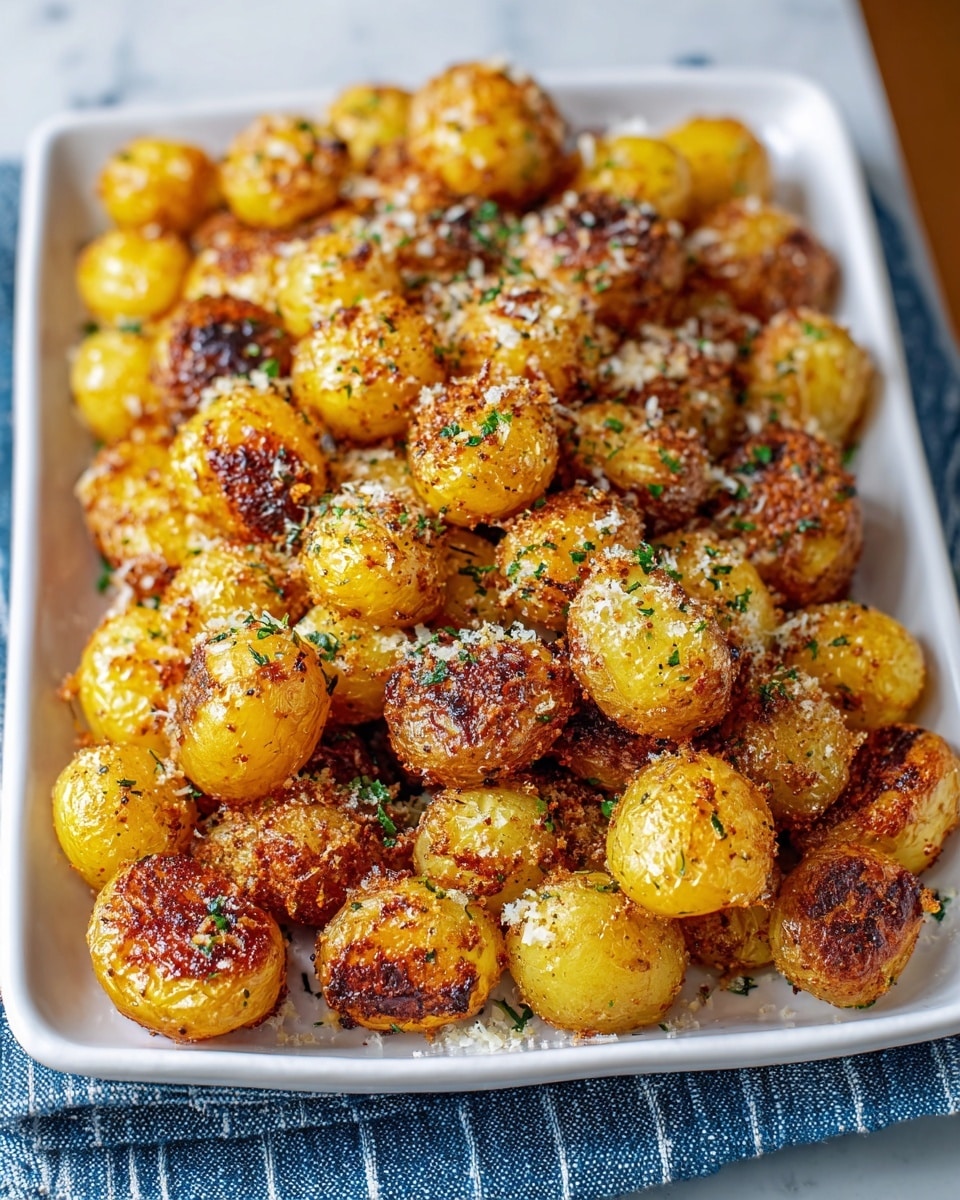 A white rectangular plate is filled with two layers of small roasted potatoes. The bottom and top layers are golden yellow with a crispy brown crust from roasting. The potatoes are sprinkled evenly with finely chopped green herbs and grated cheese, adding small green and white specks over the golden brown crust. The plate sits on a blue and white striped cloth on a white marbled surface. photo taken with an iphone --ar 4:5 --v 7