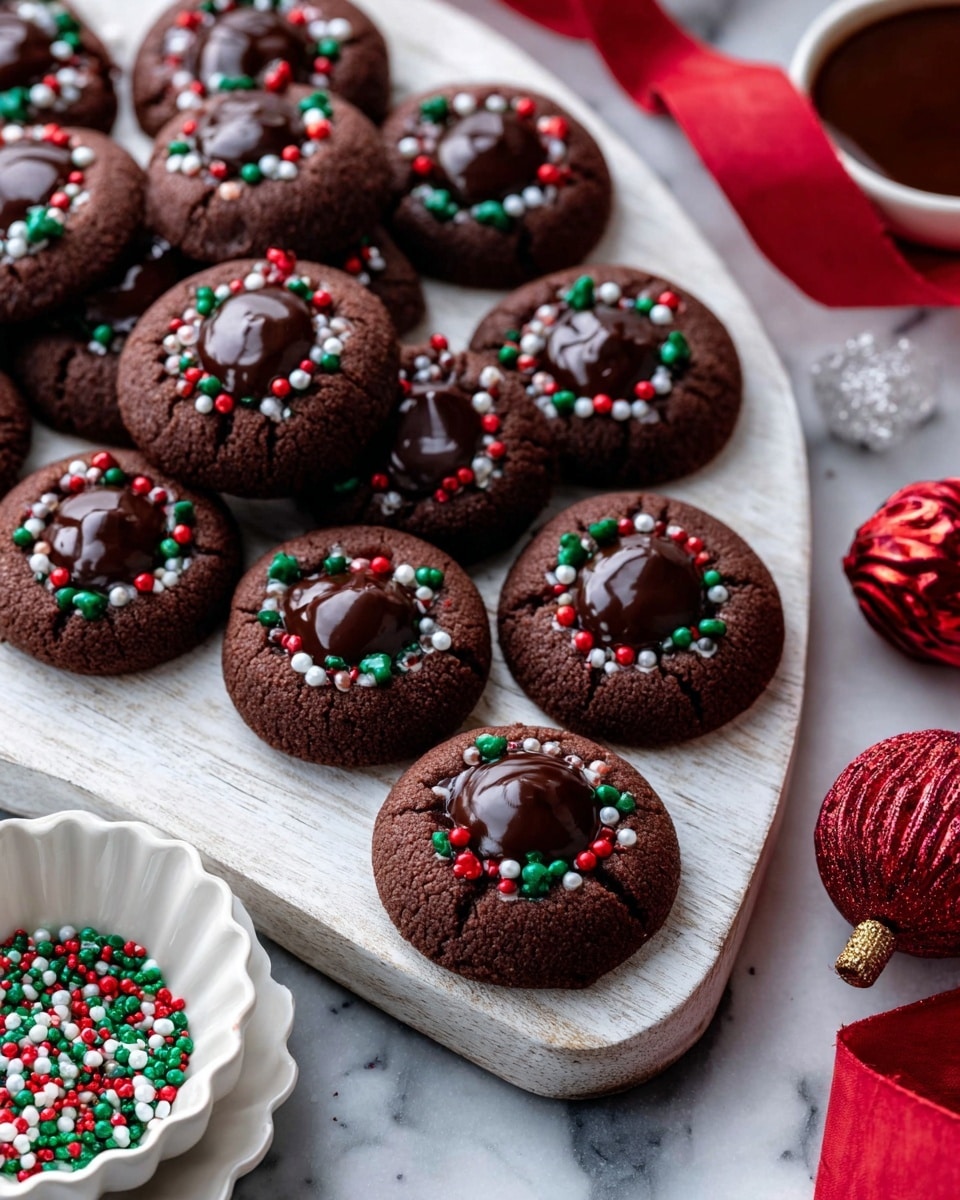 The image shows a group of dark brown thumbprint cookies arranged on a white wooden paddle board placed on a white marbled surface. Each cookie has a glossy dark chocolate filling in the center, topped with small round sprinkles in red, green, white, and some light blue colors. There is a smaller white plate with a couple of cookies and a scalloped white bowl filled with more colorful sprinkles nearby. A red ribbon and a small Christmas ornament add a festive touch to the scene. Photo taken with an iphone --ar 4:5 --v 7