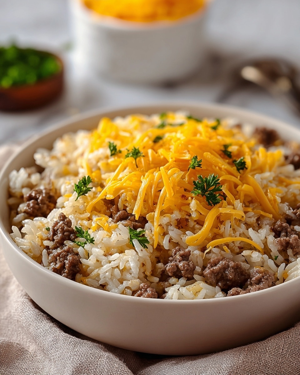 A close-up view of a bowl filled with a layered dish, starting with a base layer of white cooked rice mixed with small pieces of browned ground meat and small bits of cooked onion, all mixed evenly. The dish is topped with a layer of shredded yellow cheddar cheese and garnished with small green parsley leaves scattered on top. The bowl is white, sitting on a white marbled surface with a soft cloth nearby, and there is a blurred white bowl in the background containing more shredded cheese and a green garnish. photo taken with an iphone --ar 4:5 --v 7