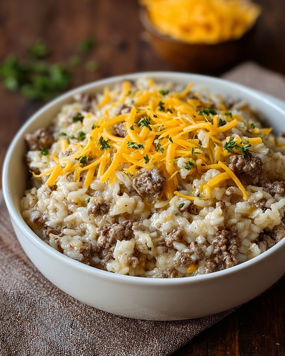 A close-up view of a simple dish in a white bowl filled with creamy cooked rice mixed with small brown ground meat pieces. The top layer is covered with shredded yellow cheese and small sprinkles of green herbs. The bowl is set on a wooden surface with a small cup of extra shredded cheese and herbs blurred in the back. The texture of the dish looks soft and hearty with a cozy, warm feel. Photo taken with an iphone --ar 4:5 --v 7