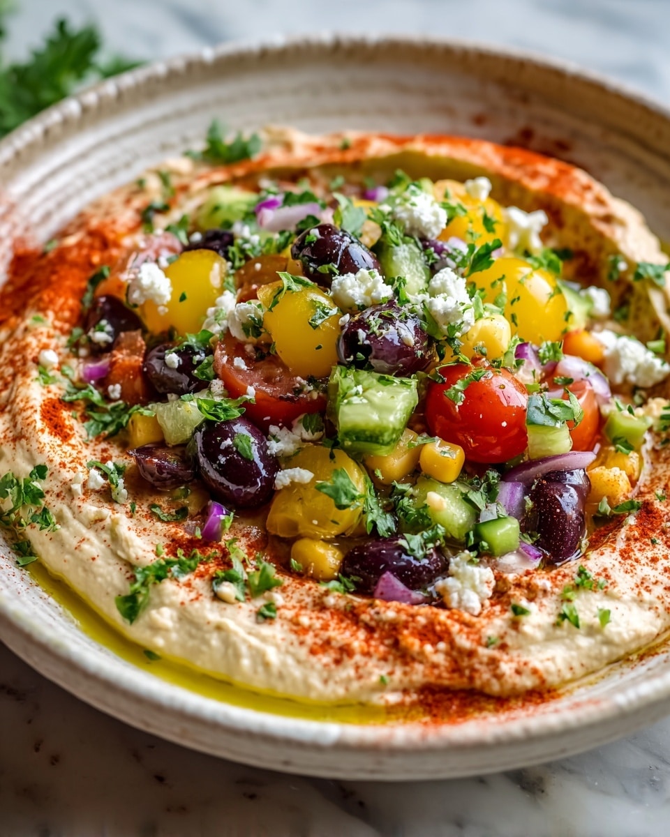 The dish features a base layer of creamy, off-white hummus spread thickly in a shallow, white bowl with textured edges, with a dusting of bright red paprika and a drizzle of golden olive oil on top. The second layer includes a colorful mix of chopped vegetables and toppings arranged mostly in the center, including bright yellow cherry tomato halves, dark purple olives, green avocado cubes, pale yellow corn kernels, and small white crumbles of cheese, all sprinkled generously with chopped green parsley and tiny bits of red onion. This combination creates a vibrant mix of colors and textures, all resting on a white marbled surface. The photo was taken with an iphone --ar 4:5 --v 7