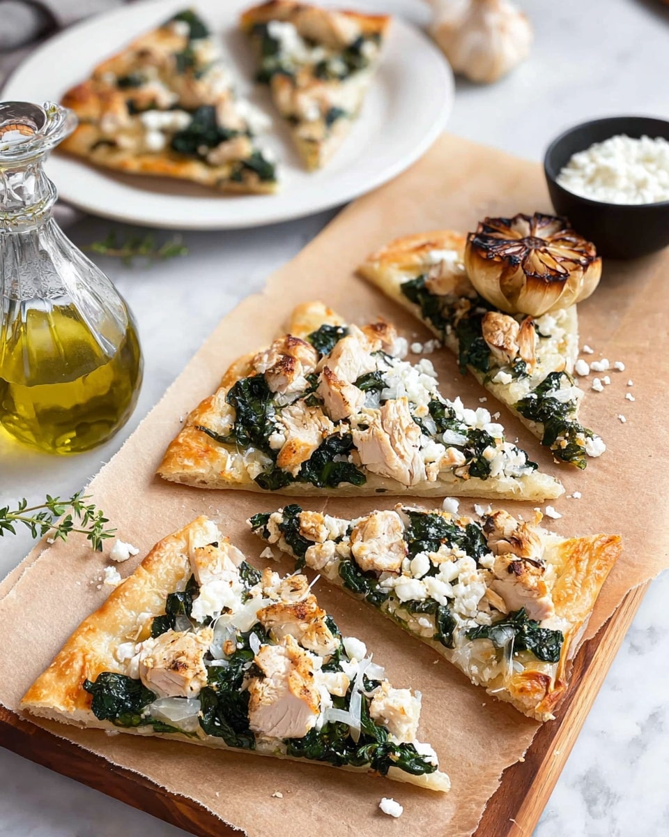 The image shows three triangular slices of flatbread pizza on light brown parchment paper resting on a wooden board. Each slice has a thin, golden-brown crust with a light crispy texture. The toppings include white grilled chicken pieces, soft wilted dark green spinach leaves, white crumbled cheese, and thin layers of translucent cooked onions scattered evenly. There is a roasted garlic bulb placed on the top right of the board, showing caramelized cloves. On the left side of the board, a clear glass bottle filled with olive oil stands next to a small green herb sprig, all placed on a white marbled surface. In the top background, there is a white plate holding some more pizza slices and a small black bowl filled with a creamy white sauce. Photo taken with an iphone --ar 4:5 --v 7