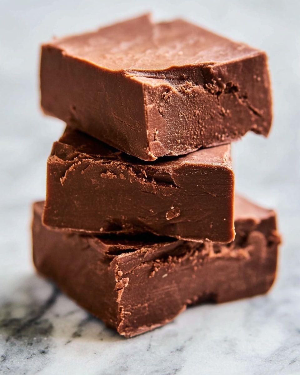 A close-up view of three thick square pieces of chocolate fudge stacked unevenly on top of each other, with the top piece slightly tilted. Each piece shows a smooth, rich brown color with a dense, creamy texture, and slightly rough edges. The surface beneath has a white marbled texture, softening the overall look. photo taken with an iphone --ar 4:5 --v 7