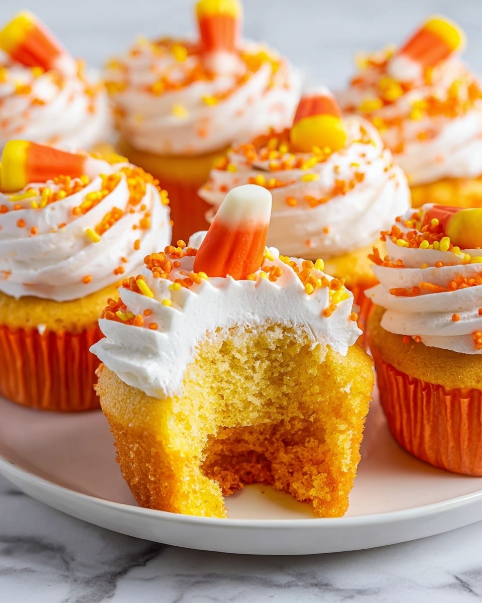 The image shows several orange cupcakes with a top layer of white whipped frosting piped in a swirl pattern. Each cupcake is decorated with small orange and yellow round sprinkles scattered over the frosting and topped with a single candy corn piece that has white, orange, and yellow colors. One cupcake is in the front with a bite taken out, revealing a soft and moist crumb inside that is bright yellow at the bottom and orange at the top. All the cupcakes are placed on a round white plate on a white marbled surface. photo taken with an iphone --ar 4:5 --v 7