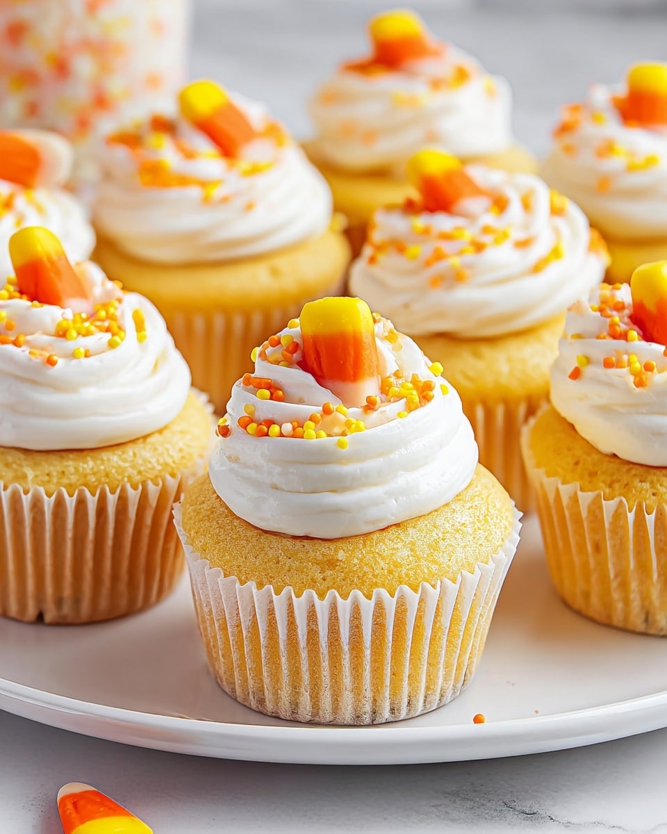 The image shows several orange cupcakes arranged closely on a white plate, each topped with a thick swirl of white frosting. On top of the frosting, there are small round yellow and orange sprinkles scattered, and each cupcake is crowned with a single candy corn piece pointing upwards. The cupcakes have a light, moist texture, and the white paper liners gently hold them in place. The background and surface have a clean white marbled texture, adding brightness to the scene. Photo taken with an iphone --ar 4:5 --v 7