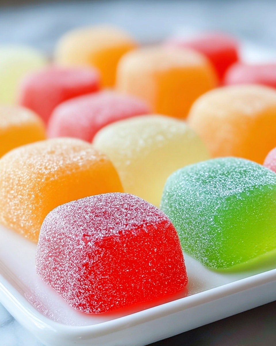 The image shows a close-up of soft, square gummy candies arranged on a glossy white plate placed on a white marbled surface. Each gummy has a smooth, slightly rounded top and is coated with tiny sugar crystals, giving them a shimmering texture. The front row has a green gummy on the left and a red gummy on the right, followed by more gummies in the background in shades of yellow, orange, and red with a soft focus effect that makes them look slightly blurred and glowing. The overall look is colorful, fresh, and inviting. photo taken with an iphone --ar 4:5 --v 7