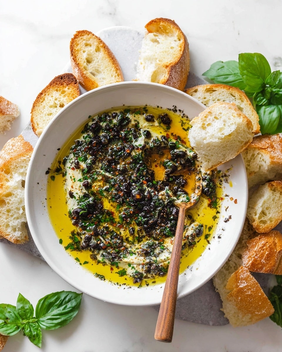 A white shallow bowl sits on a white marbled surface, filled with a dip that has three visible layers: a bright golden olive oil layer on top, scattered with dark green fresh herbs mixed with chopped black olives creating a rough, speckled texture, and a smooth creamy base beneath barely seen at the edges. A wooden spoon with a rounded end rests inside the bowl soaking some dip, positioned on the right side. Around the bowl, torn chunks of crusty bread with a light brown, crispy crust and soft white interior are placed casually, some touching the edge of the bowl. Fresh green basil leaves add a pop of color near the top left and bottom right corners of the scene. Photo taken with an iphone --ar 4:5 --v 7