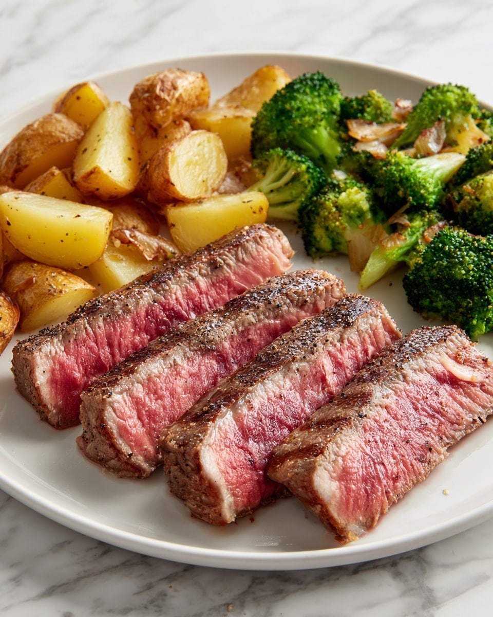 A white plate with four thick slices of medium-rare steak stacked slightly overlapping on the right side, showing a pink center and a browned, textured crust on the outside. Behind the steak, there is a small pile of soft-looking, golden brown roasted potatoes on the left side of the plate. To the right of the potatoes, some green broccoli florets with light brown toasted bits are arranged. The plate sits on a white marbled surface. photo taken with an iphone --ar 4:5 --v 7