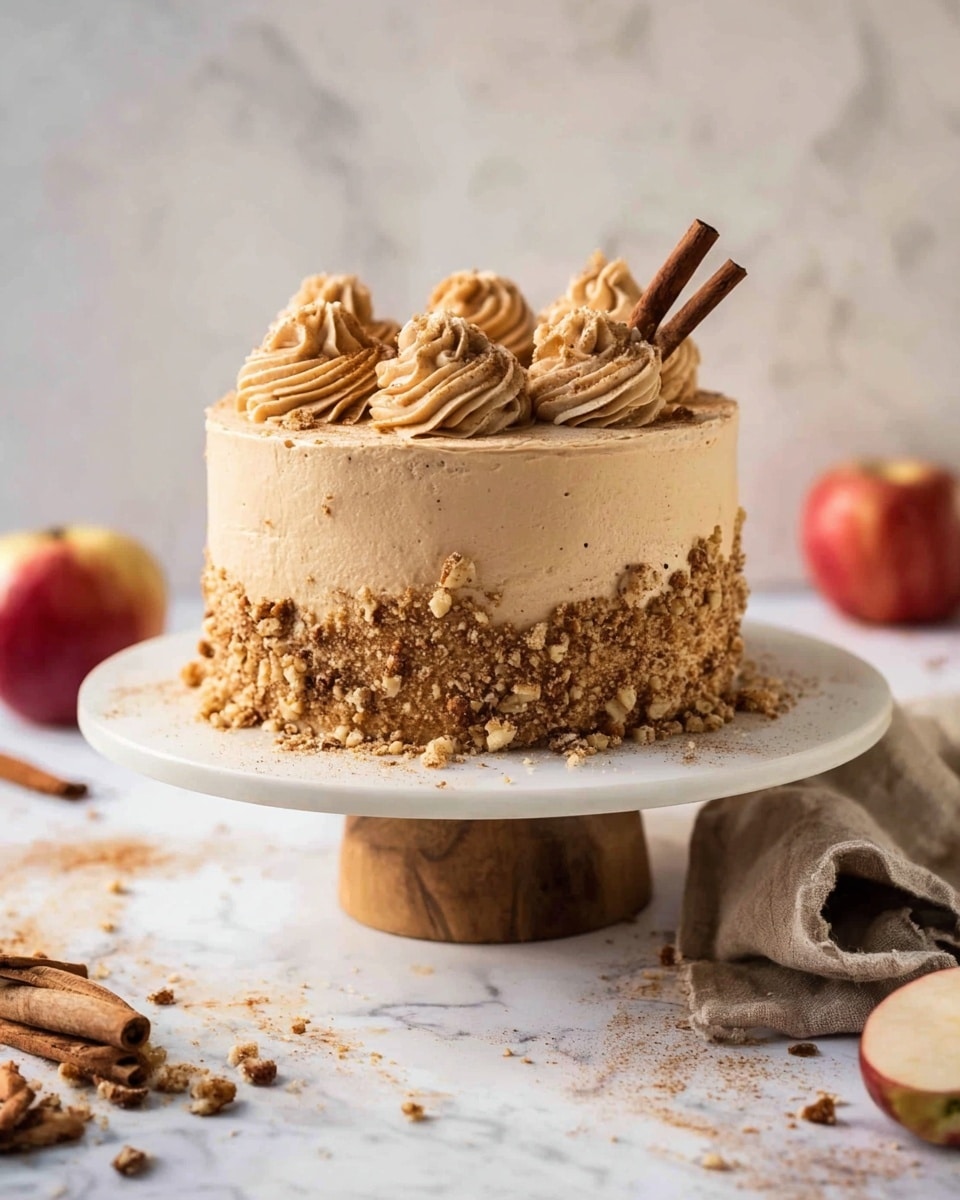 A round cake with two visible layers is covered in light brown frosting that has a smooth but slightly textured surface. The bottom half of the cake's sides are coated with crushed nuts mixed with crumbs. On top, there are three swirls of the same light brown frosting arranged in a triangle, with two cinnamon sticks placed diagonally in the center. The cake sits on a white plate with a wooden pedestal on a white marbled surface. Nearby, there is a red apple on the left and some scattered crumbs with a cinnamon stick and a light brown cloth on the right. Photo taken with an iphone --ar 4:5 --v 7